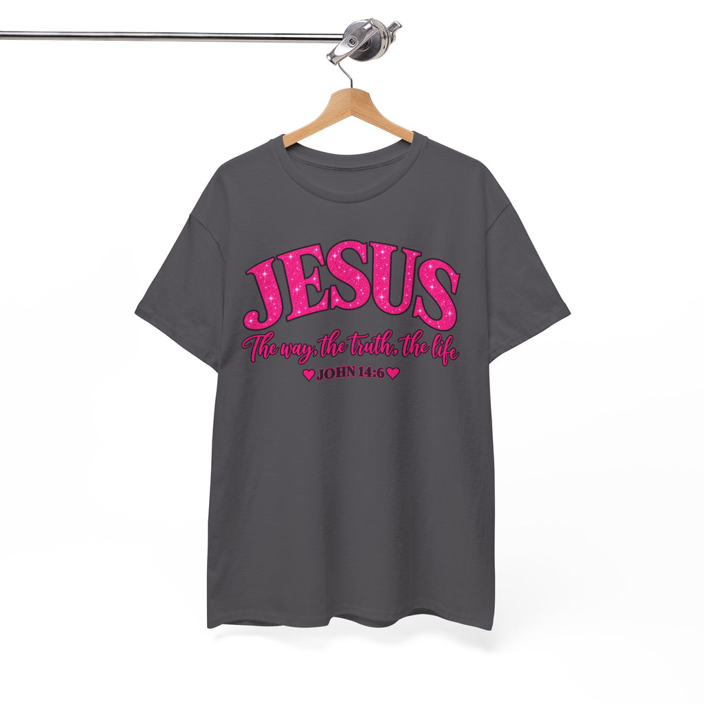 Christian T-Shirt — "JESUS The way, the truth, the life" (John 14:6) Pink Vintage Script
