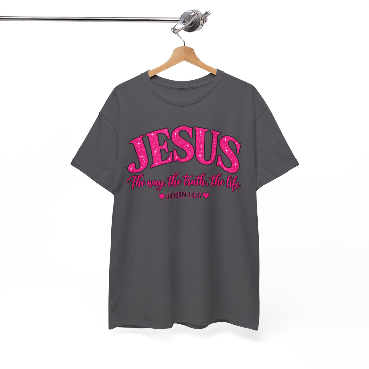 Christian T-Shirt — "JESUS The way, the truth, the life" (John 14:6) Pink Vintage Script