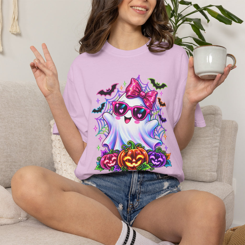Cute Halloween Ghost T-Shirt — Pink Bow Ghost with Sunglasses & Pumpkins