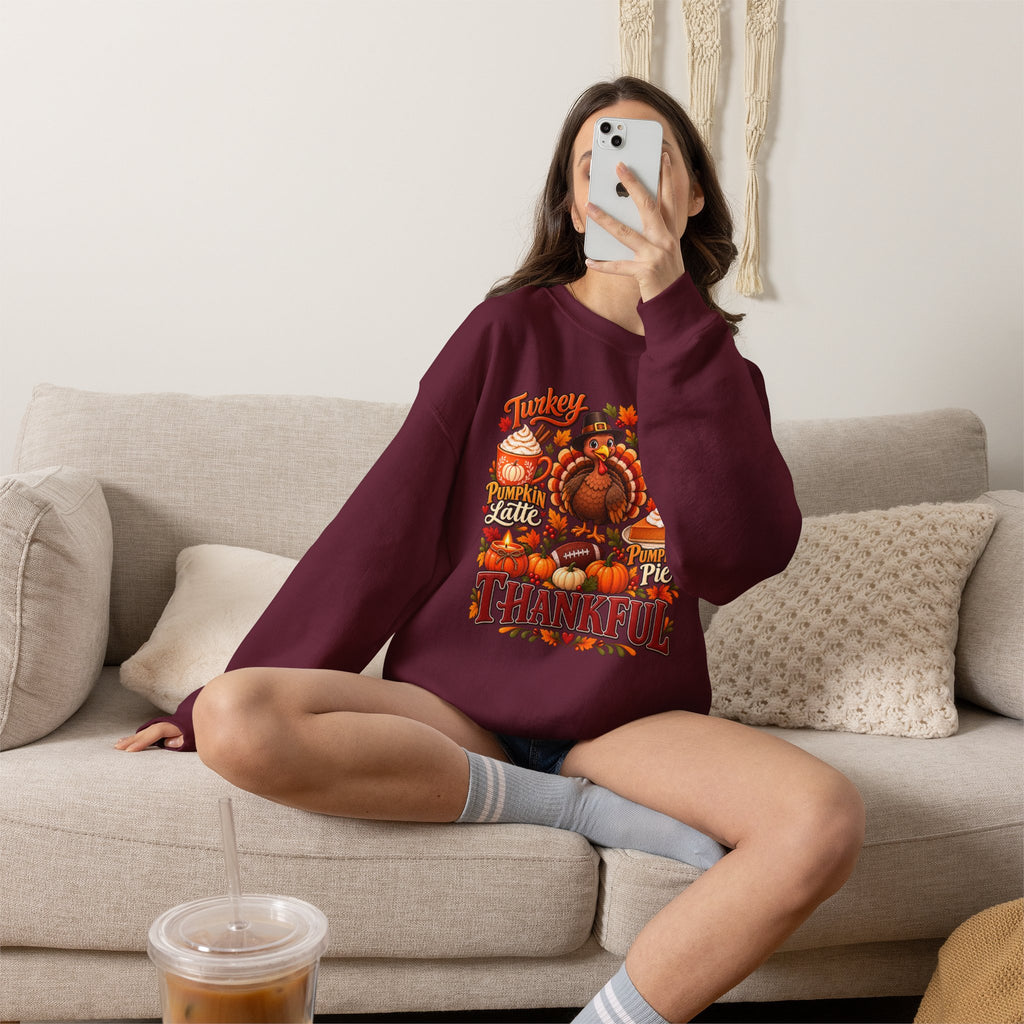 Thankful Thanksgiving Sweatshirt — Cute Turkey & Fall Harvest Crewneck