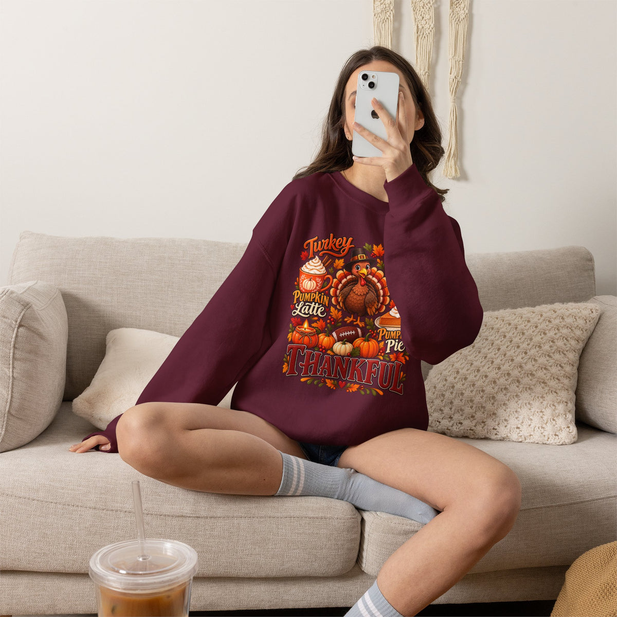 Thankful Thanksgiving Sweatshirt — Cute Turkey & Fall Harvest Crewneck