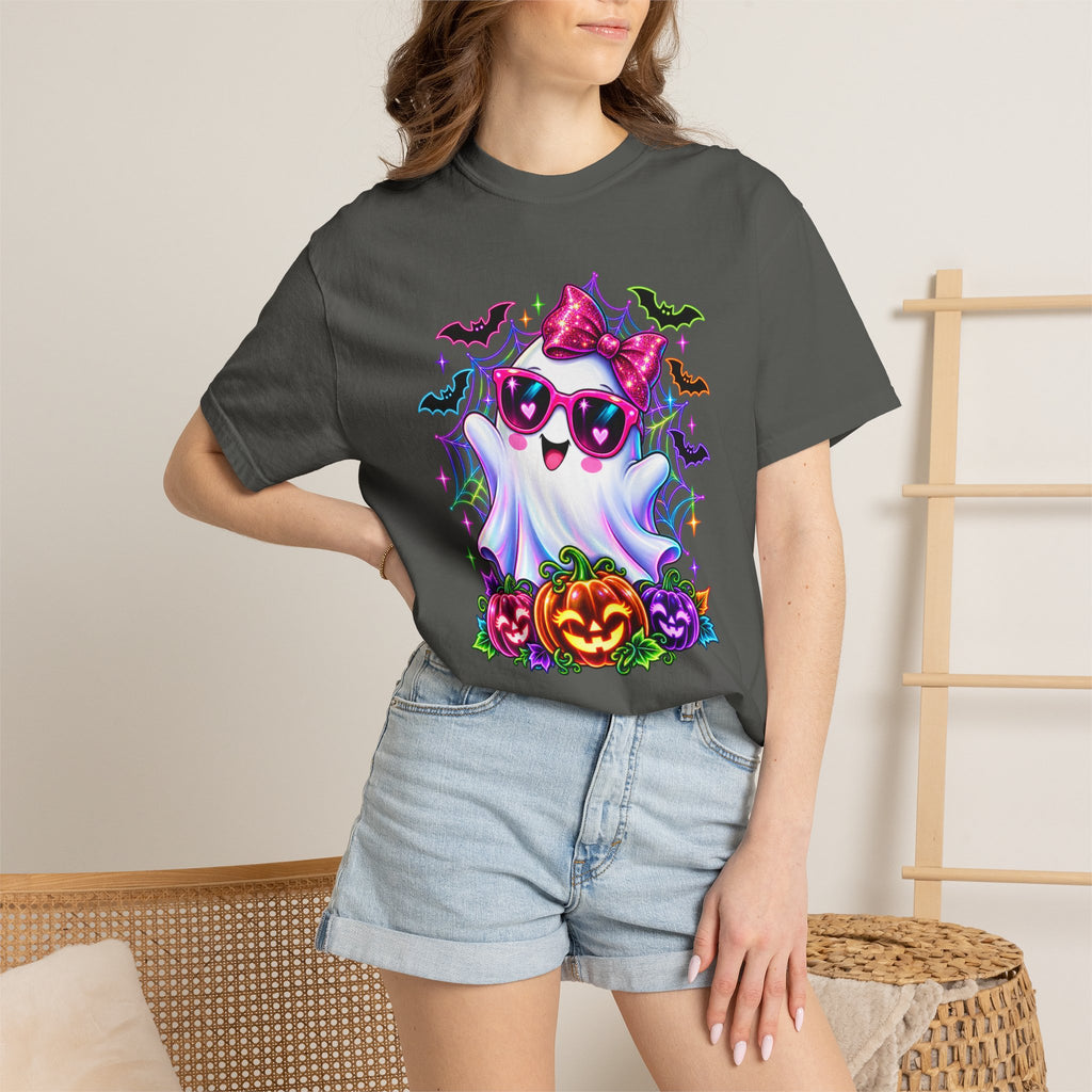 Cute Halloween Ghost T-Shirt — Pink Bow Ghost with Sunglasses & Pumpkins
