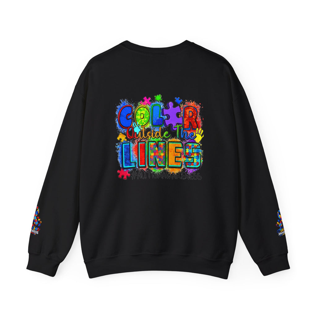 Autism Awareness Crewneck Sweatshirt — "Color Outside the Lines" Puzzle Ribbon Design