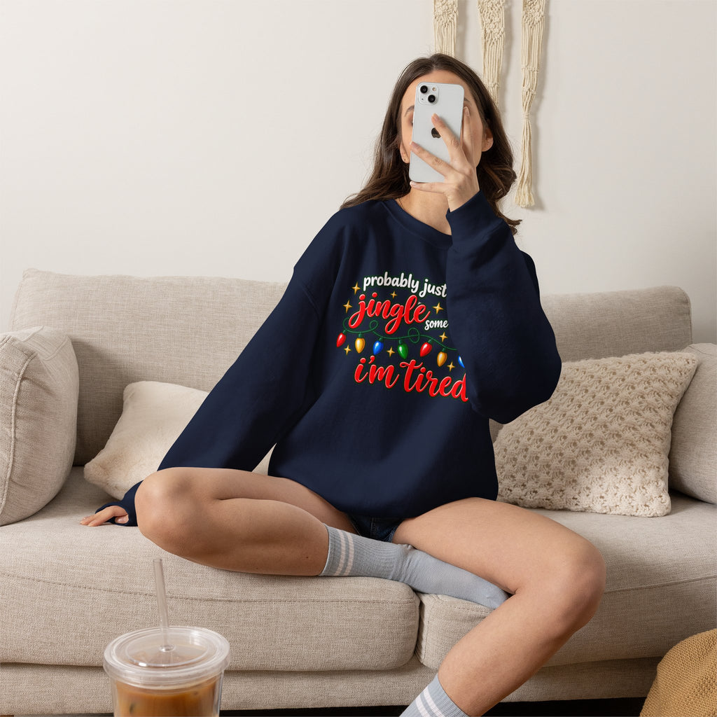 Crewneck Sweatshirt - "Probably Just Gonna Jingle Some of the Way I'm Tired" Christmas Lights Graphic