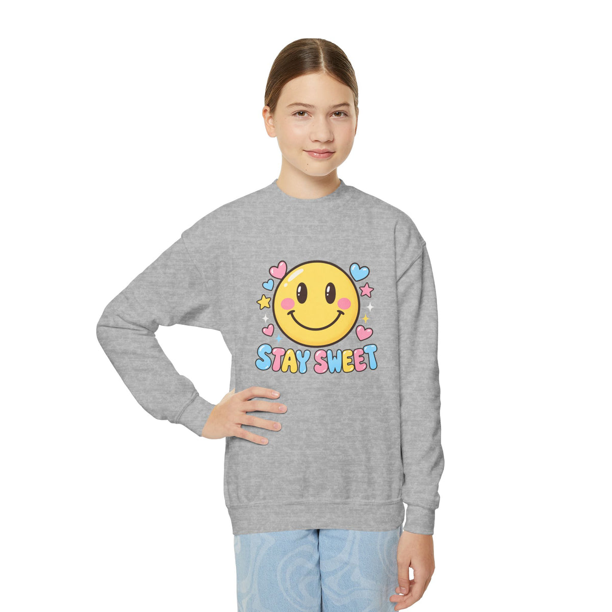 Youth Crewneck Sweatshirt — Cute Smiley "Stay Sweet" Graphic, Kids Cozy Pullover