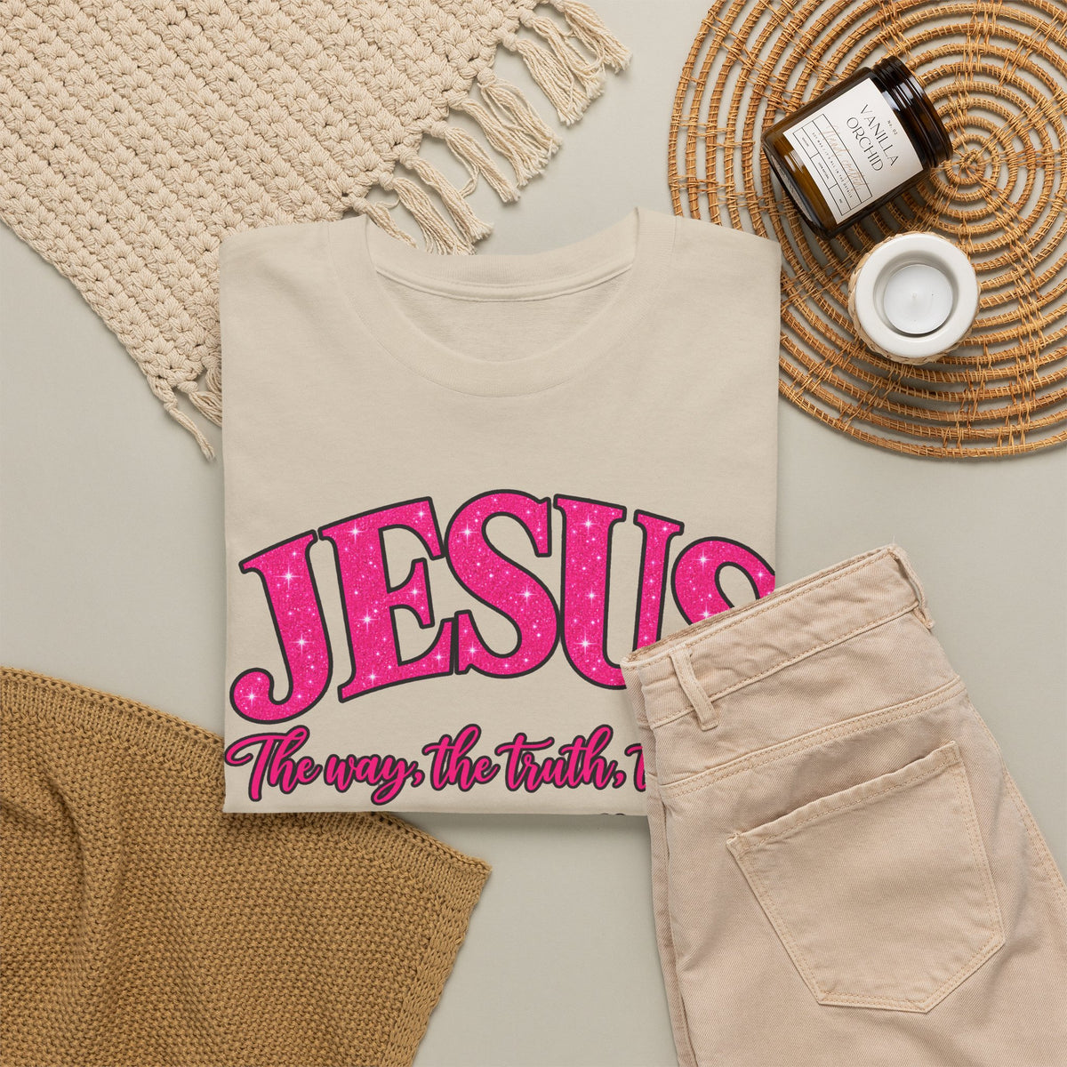 Christian T-Shirt — "JESUS The way, the truth, the life" (John 14:6) Pink Vintage Script