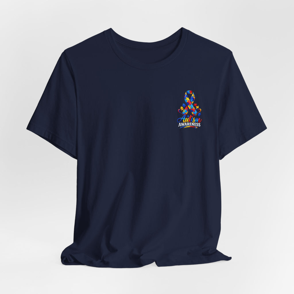 Autism Awareness Ribbon Chest Tee — 'Different, Not Less' Short Sleeve T-Shirt