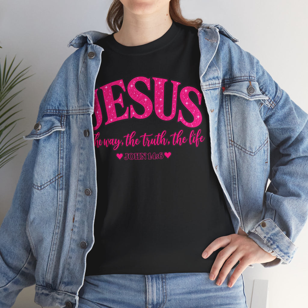 Christian T-Shirt — "JESUS The way, the truth, the life" (John 14:6) Pink Vintage Script