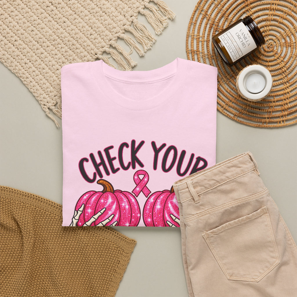 Breast Cancer Awareness T-Shirt — "Check Your Pumpkins for Lumps" Pink Ribbon Tee