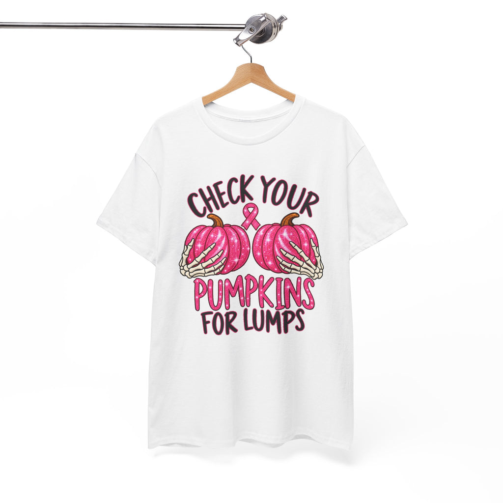 Breast Cancer Awareness T-Shirt — "Check Your Pumpkins for Lumps" Pink Ribbon Tee