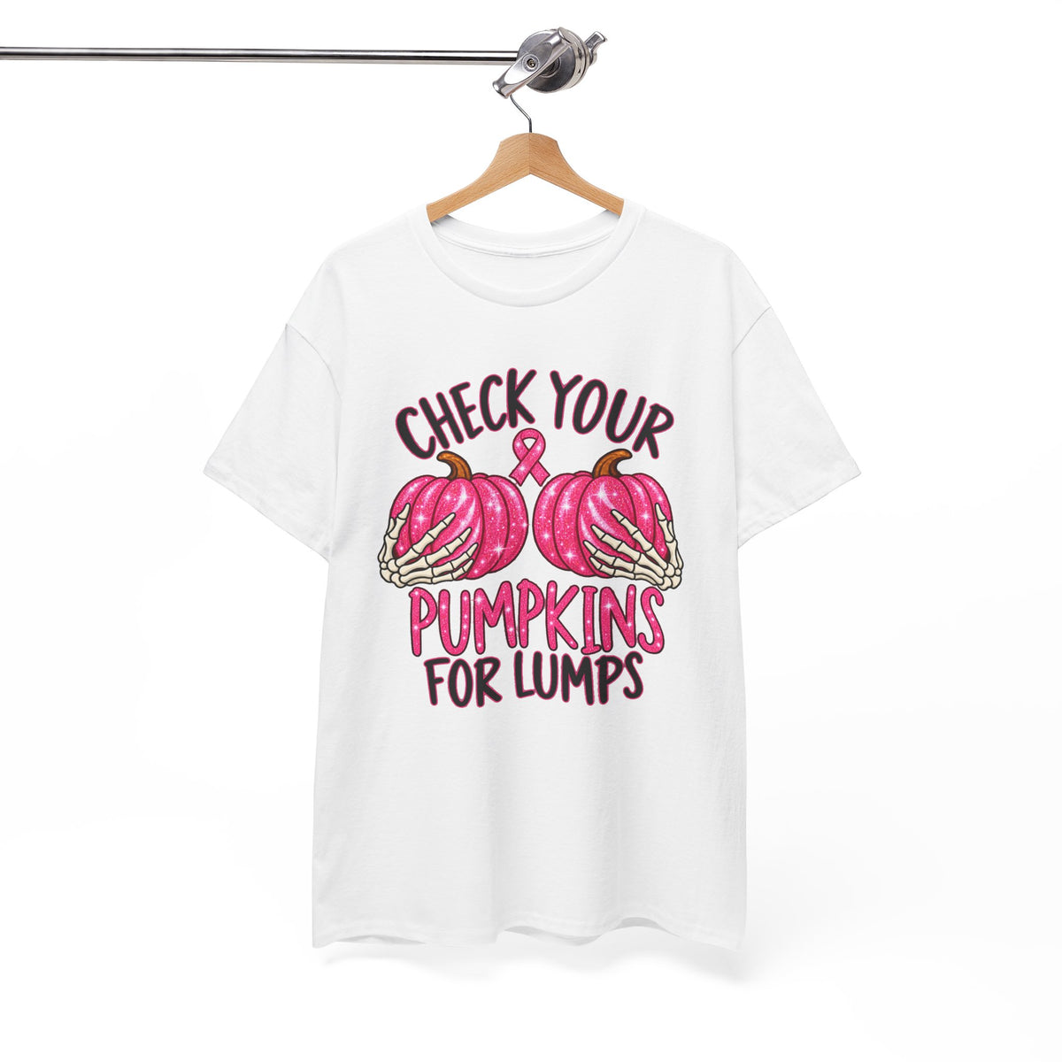 Breast Cancer Awareness T-Shirt — "Check Your Pumpkins for Lumps" Pink Ribbon Tee