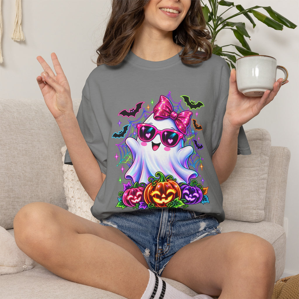 Cute Halloween Ghost T-Shirt — Pink Bow Ghost with Sunglasses & Pumpkins