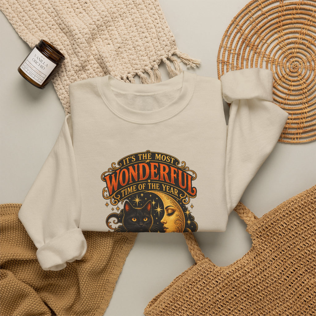 Vintage Halloween Sweatshirt - "It's the Most Wonderful Time of the Year" Black Cat & Moon Design
