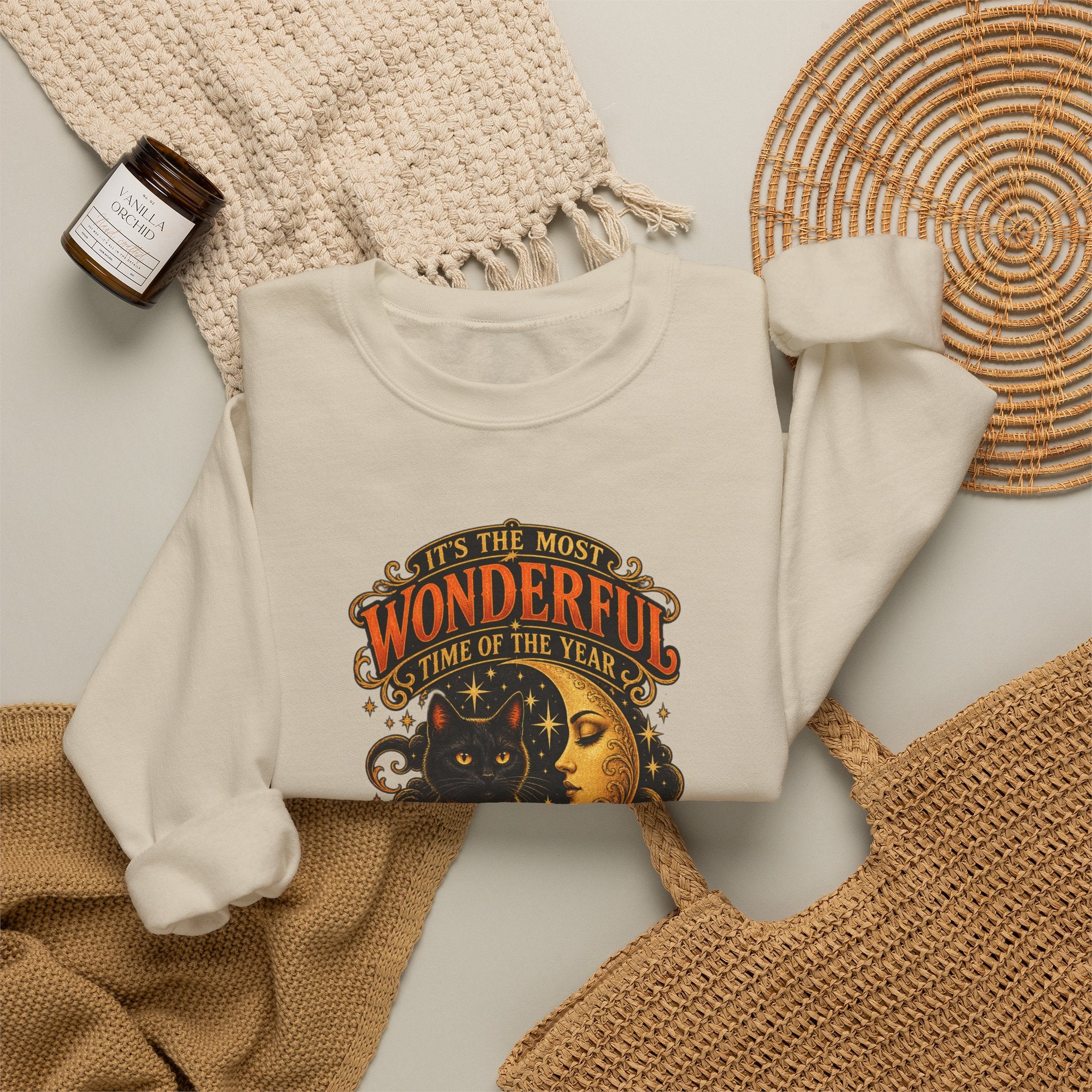 Vintage Halloween Sweatshirt - "It's the Most Wonderful Time of the Year" Black Cat & Moon Design