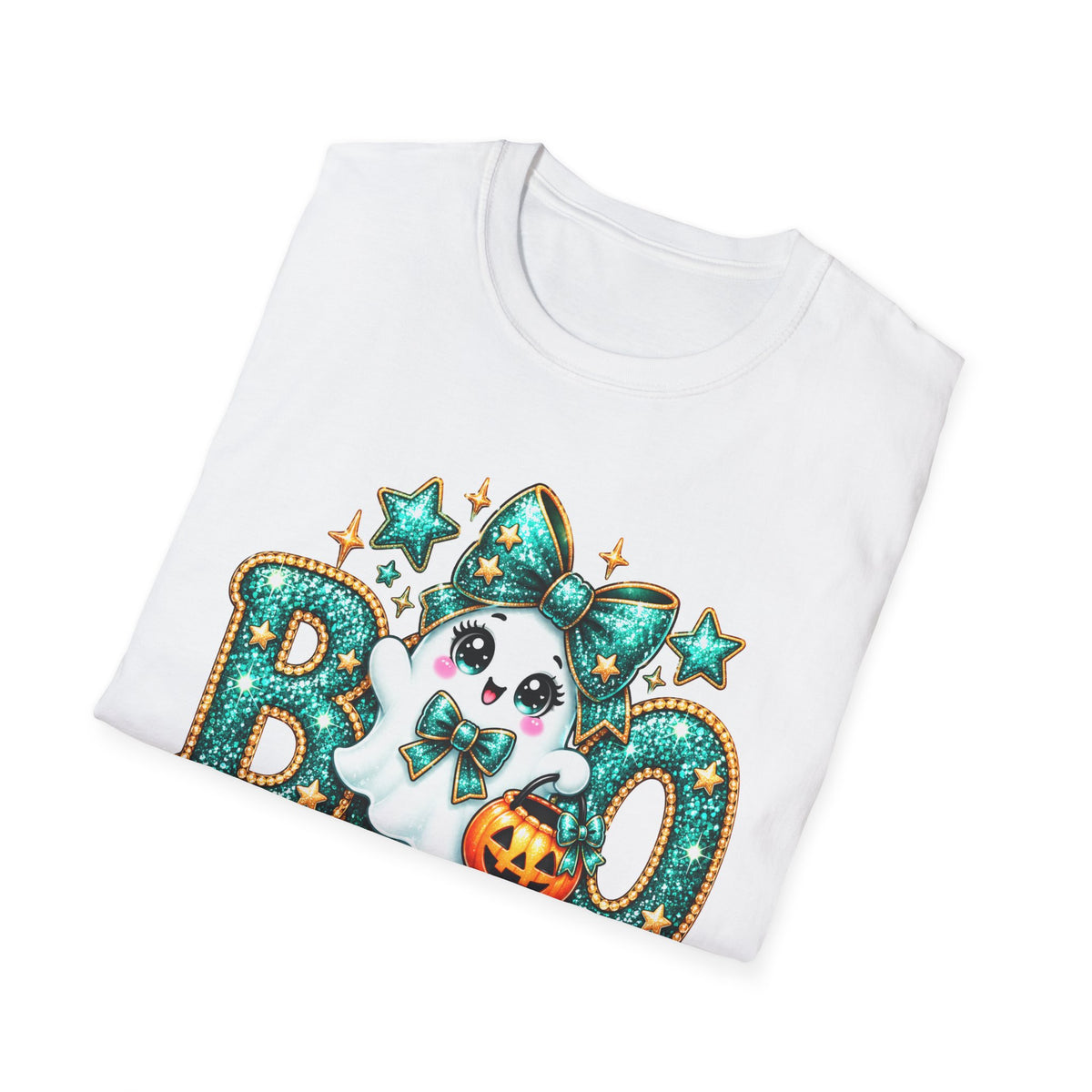 Boo Ghost Graphic T-Shirt — Cute Teal Glitter Halloween Tee
