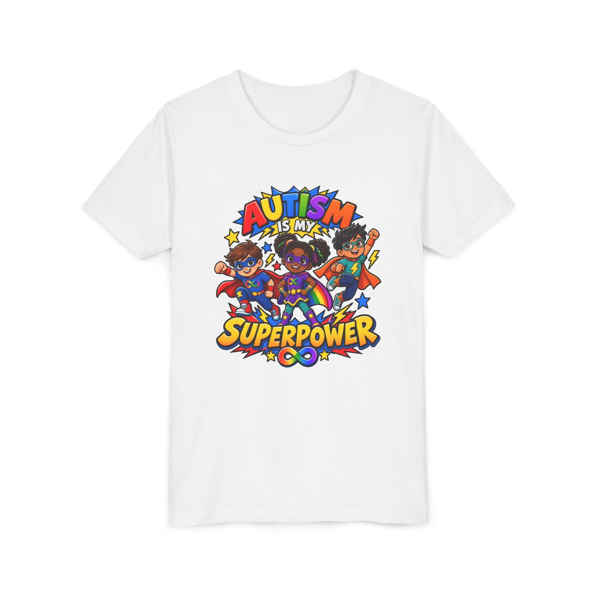 Youth Tee — "Autism Is My Superpower" Colorful Superhero Kids Shirt