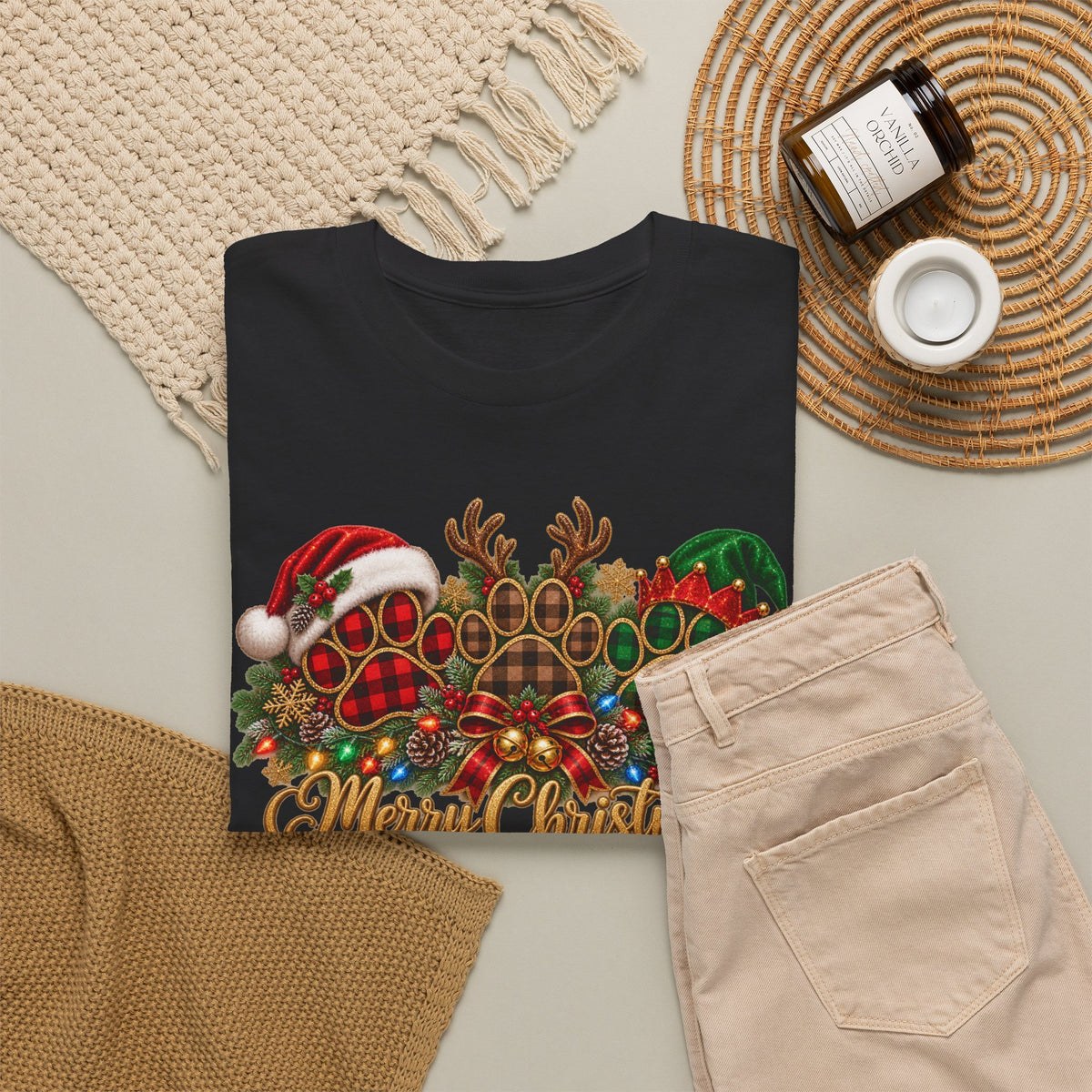 Merry Christmas Paw Prints Holiday Graphic Tee