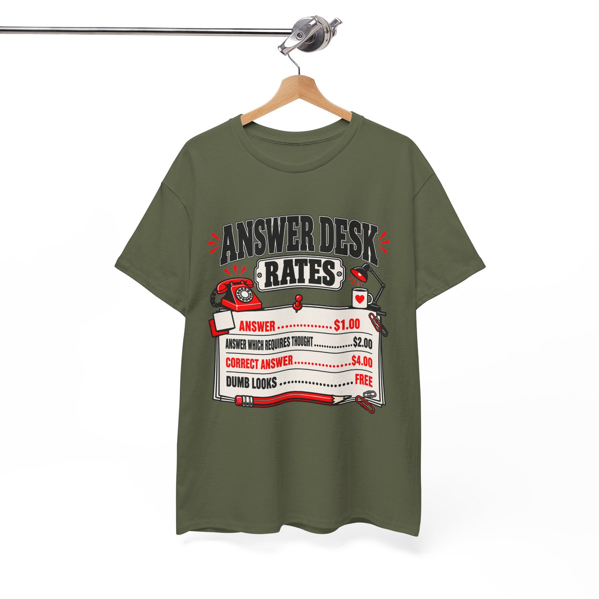 Answer Desk Rates T-Shirt — Funny Help Desk IT Support Tee ("Answer 1.00, Correct Answer 4.00")
