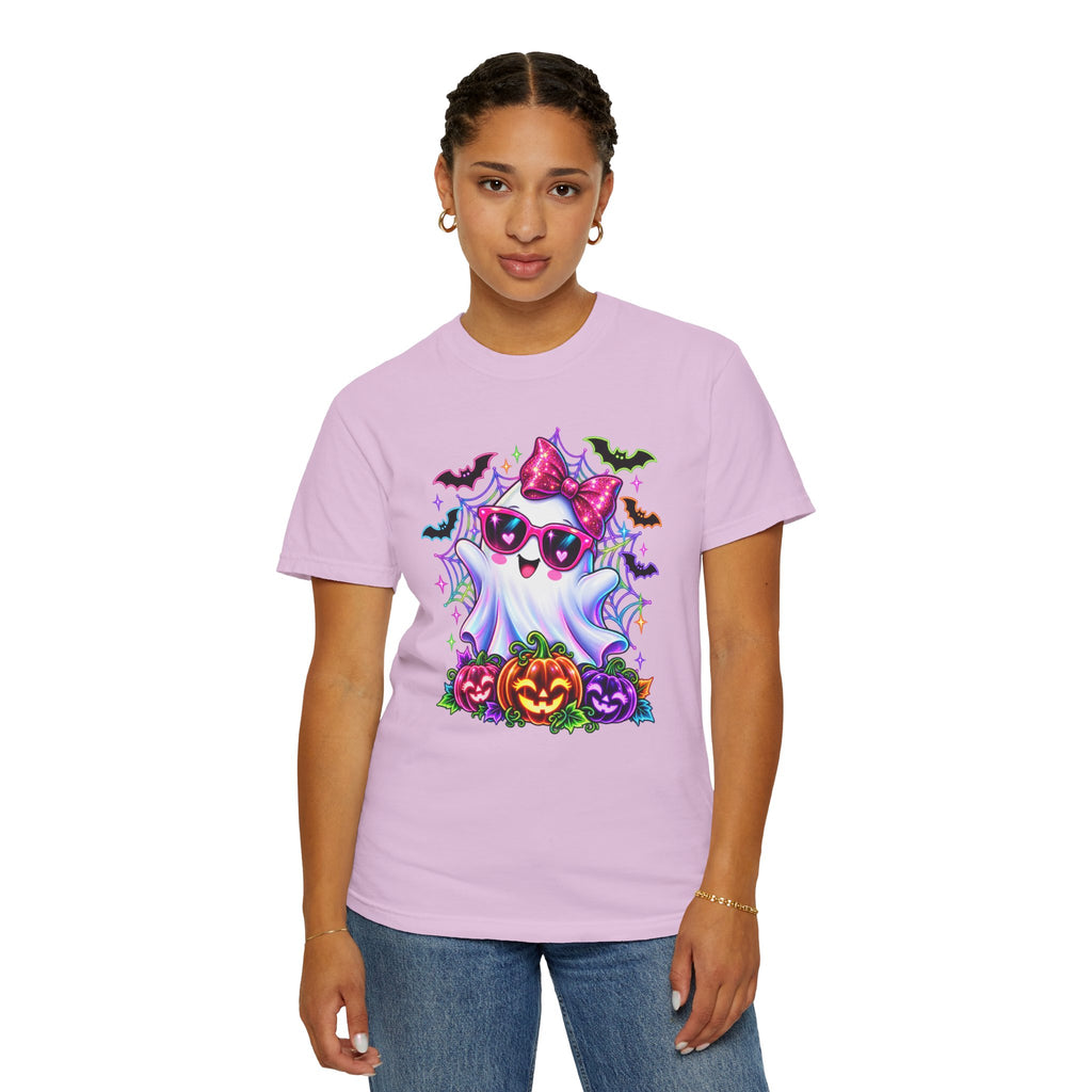 Cute Halloween Ghost T-Shirt — Pink Bow Ghost with Sunglasses & Pumpkins