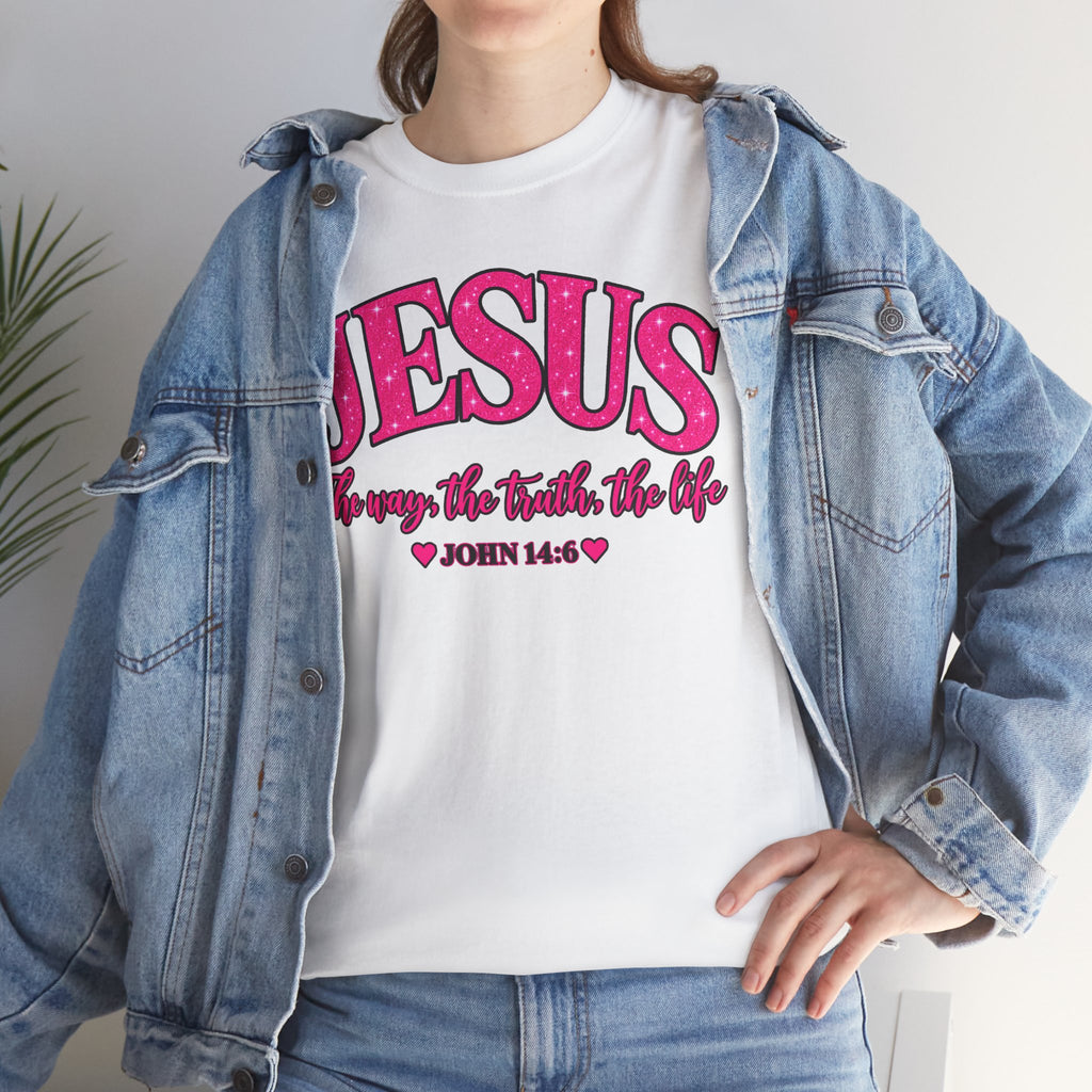 Christian T-Shirt — "JESUS The way, the truth, the life" (John 14:6) Pink Vintage Script