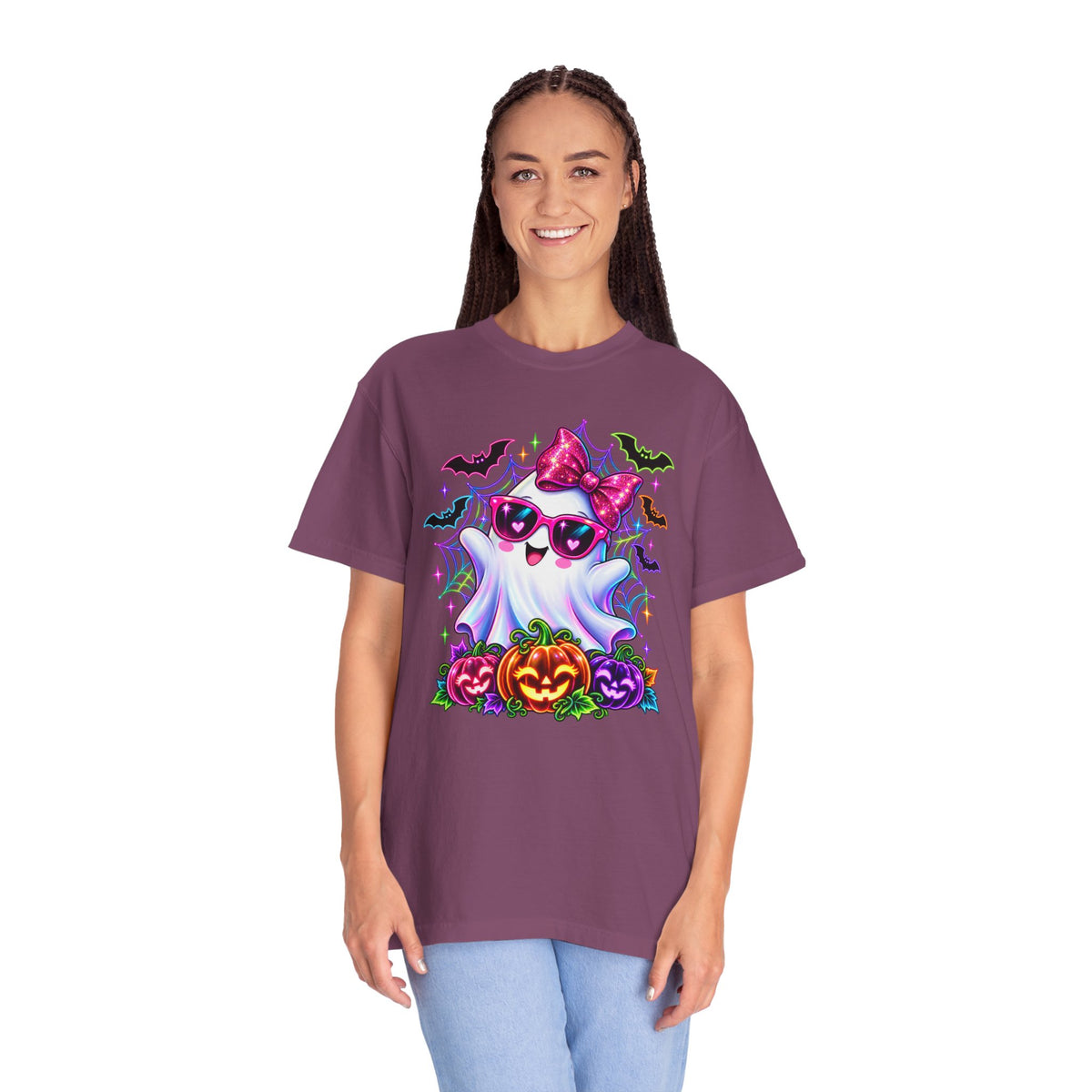 Cute Halloween Ghost T-Shirt — Pink Bow Ghost with Sunglasses & Pumpkins