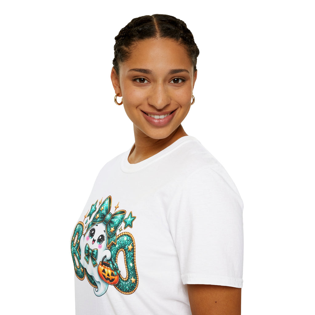 Boo Ghost Graphic T-Shirt — Cute Teal Glitter Halloween Tee