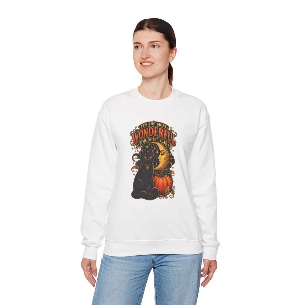 Vintage Halloween Sweatshirt - "It's the Most Wonderful Time of the Year" Black Cat & Moon Design