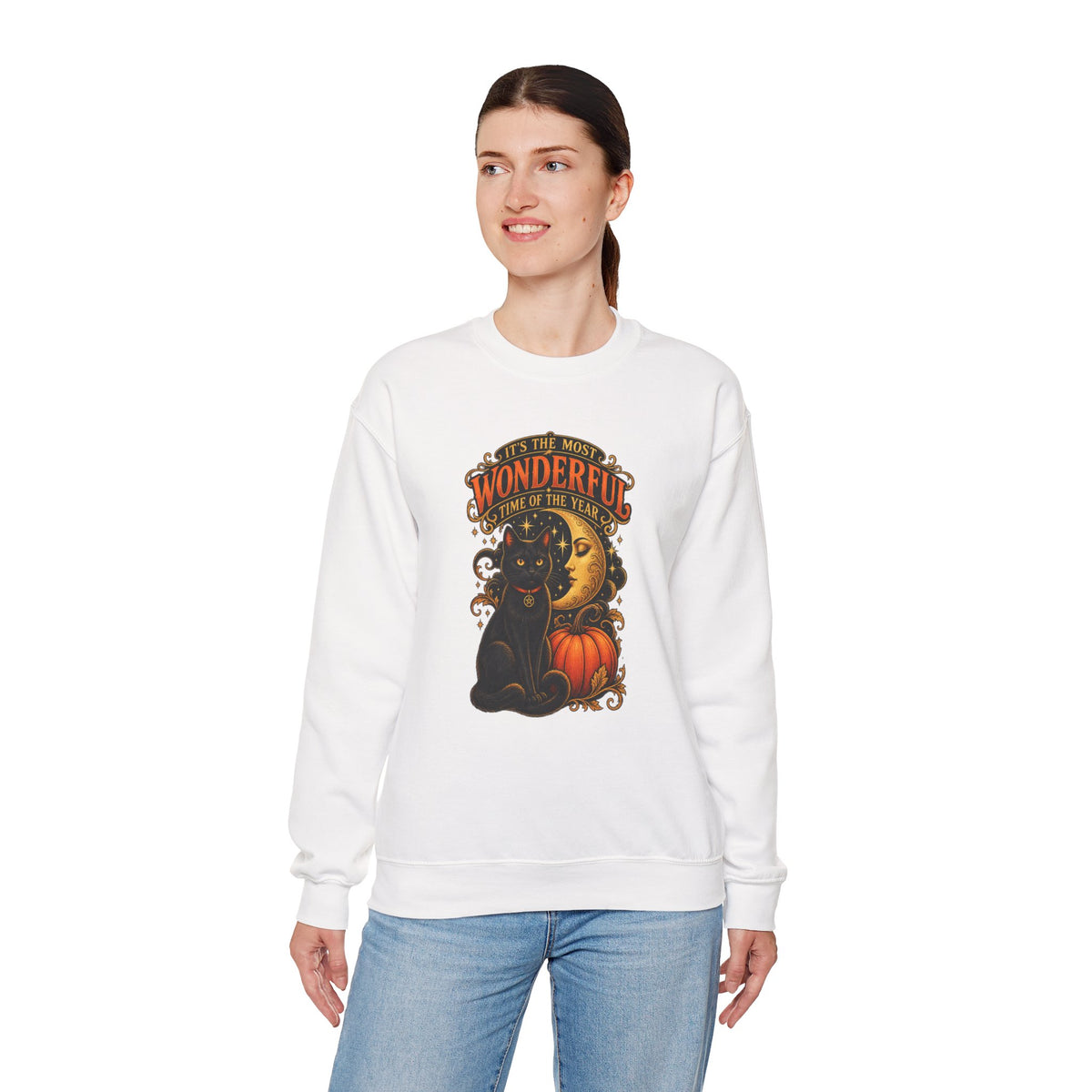 Vintage Halloween Sweatshirt - "It's the Most Wonderful Time of the Year" Black Cat & Moon Design