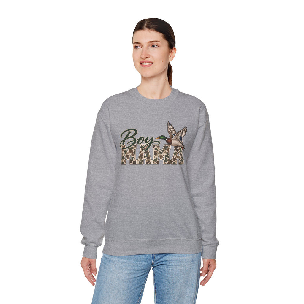Boy Mama Crewneck Sweatshirt — Camo Lettering with Flying Duck