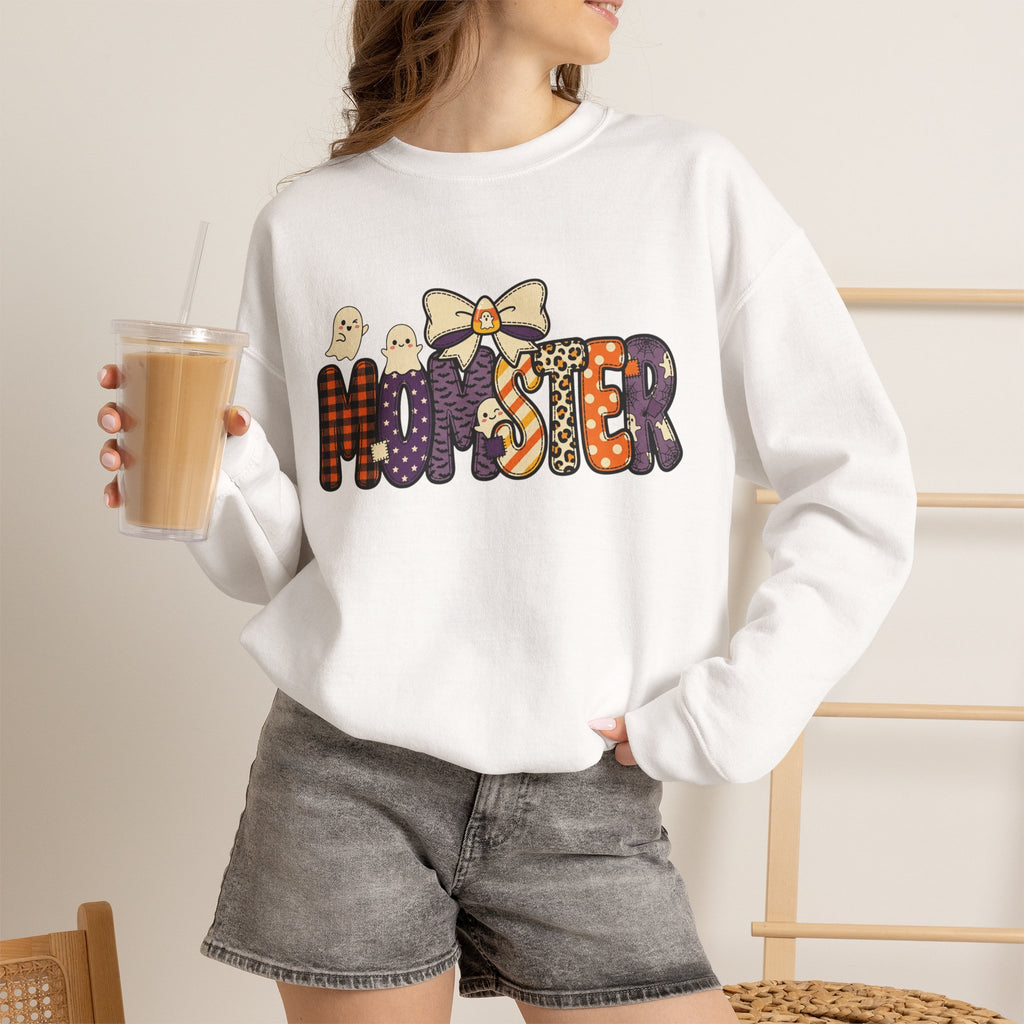 Momster Halloween Sweater | Momster Crewneck Sweatshirt, Halloween mom, purple orange spooky lettering