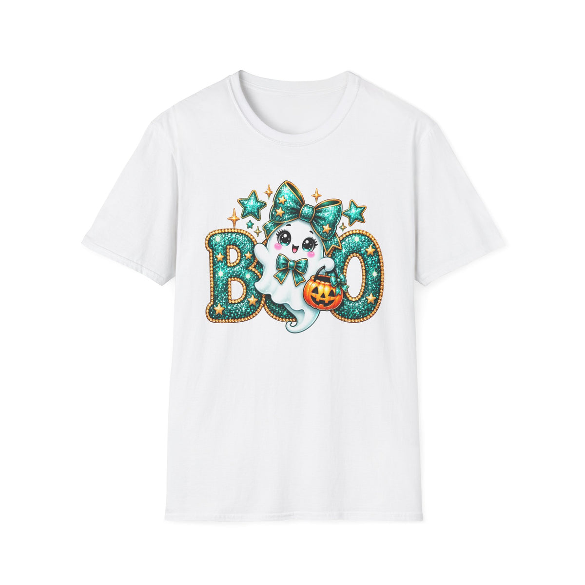 Boo Ghost Graphic T-Shirt — Cute Teal Glitter Halloween Tee