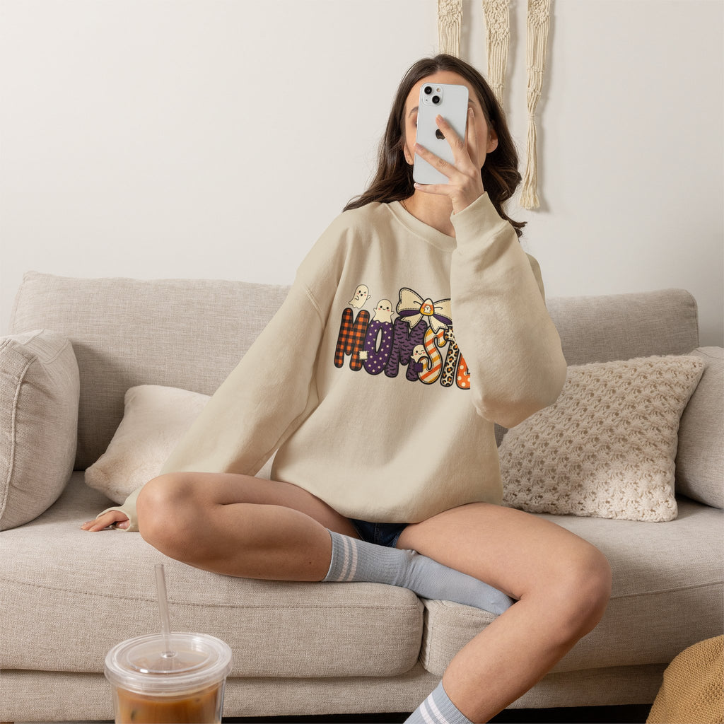 Momster Halloween Sweater | Momster Crewneck Sweatshirt, Halloween mom, purple orange spooky lettering