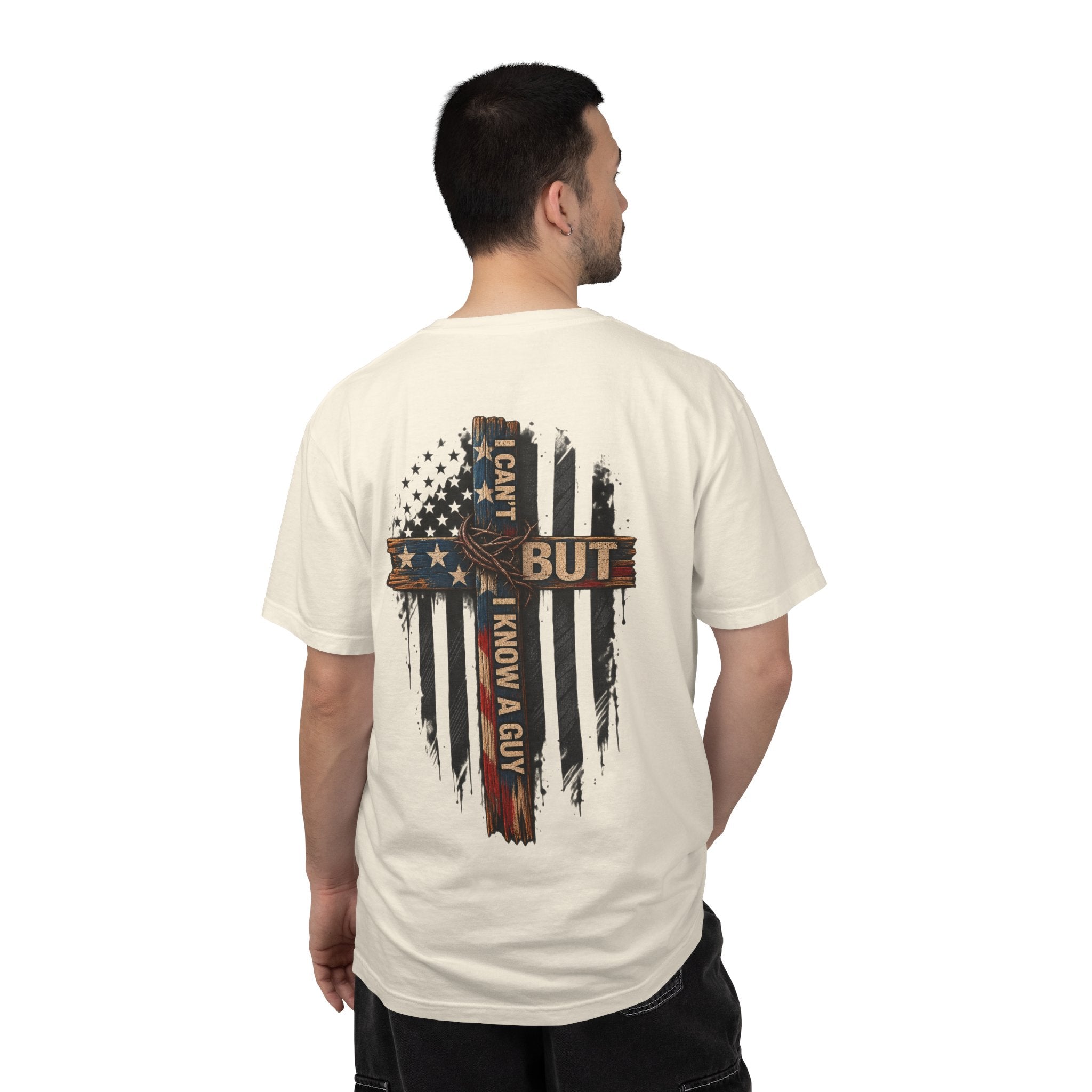 T-Shirt — 'I Can't But I Know A Guy' American Flag Cross Graphic