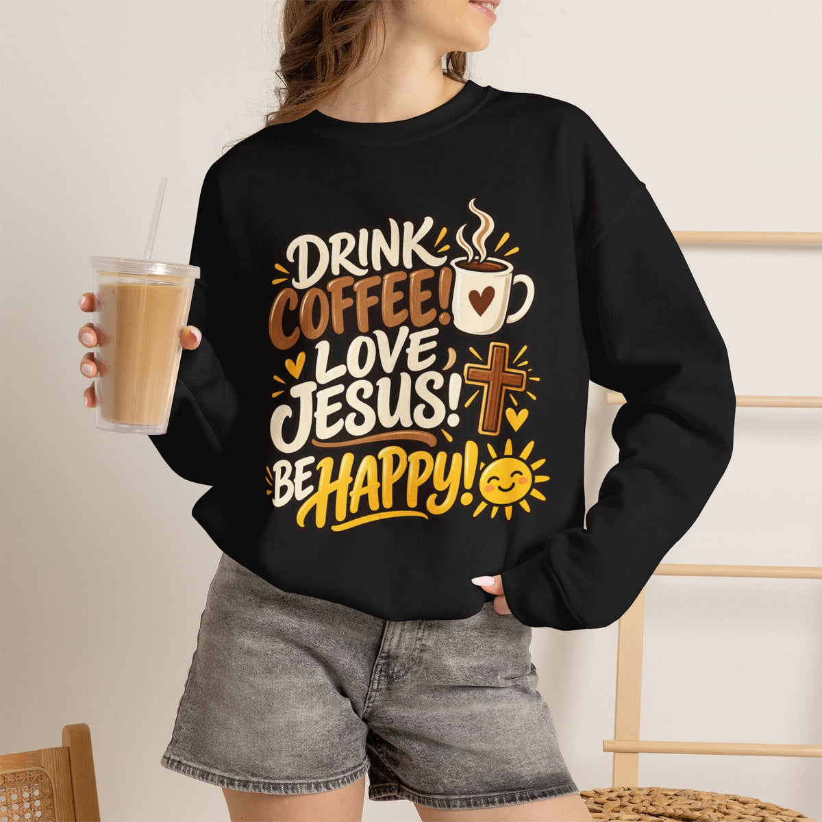 Coffee, Jesus & Be Happy Crewneck Sweatshirt