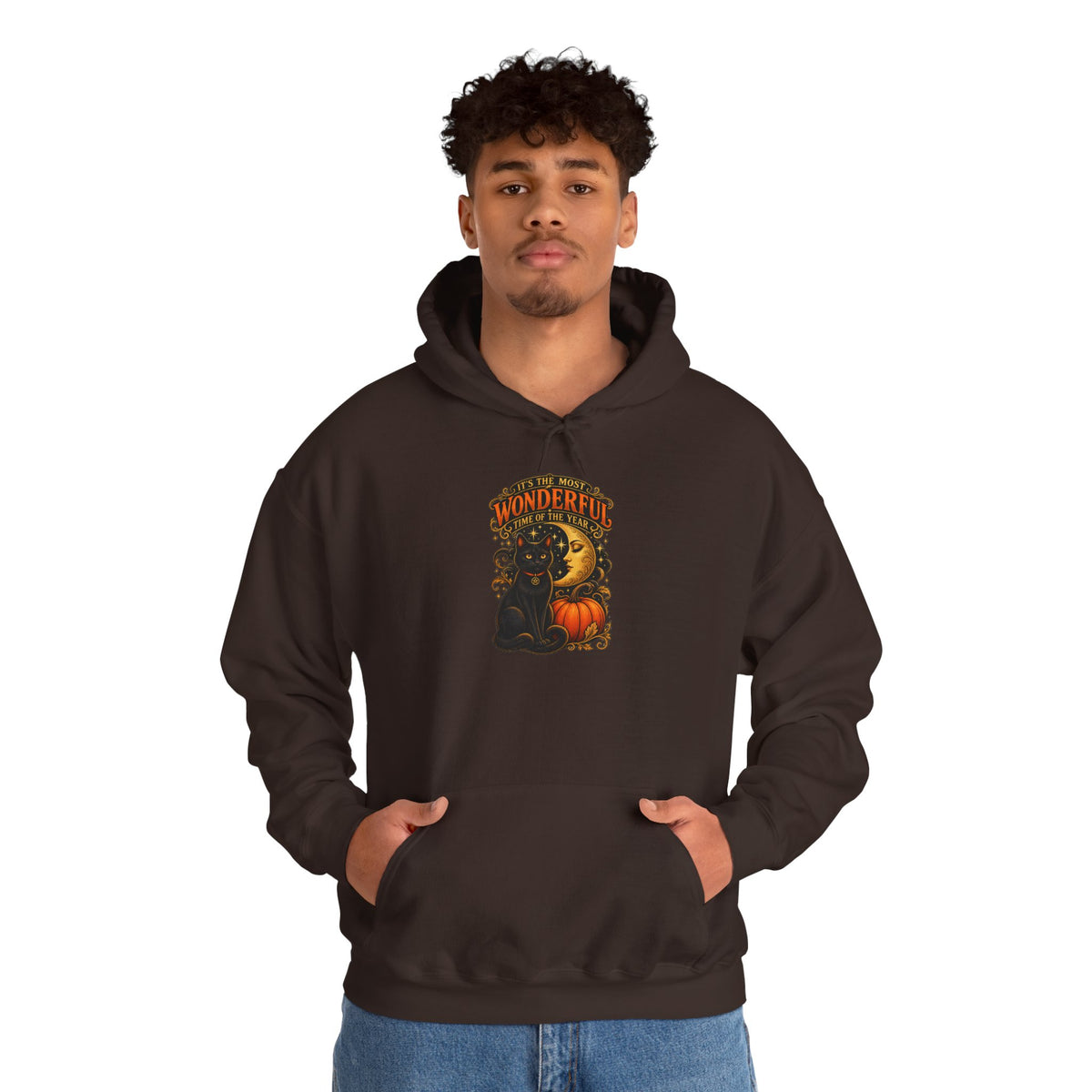 Halloween Black Cat Moon Hoodie – Vintage Pumpkin & Crescent Moon Fall Sweatshirt