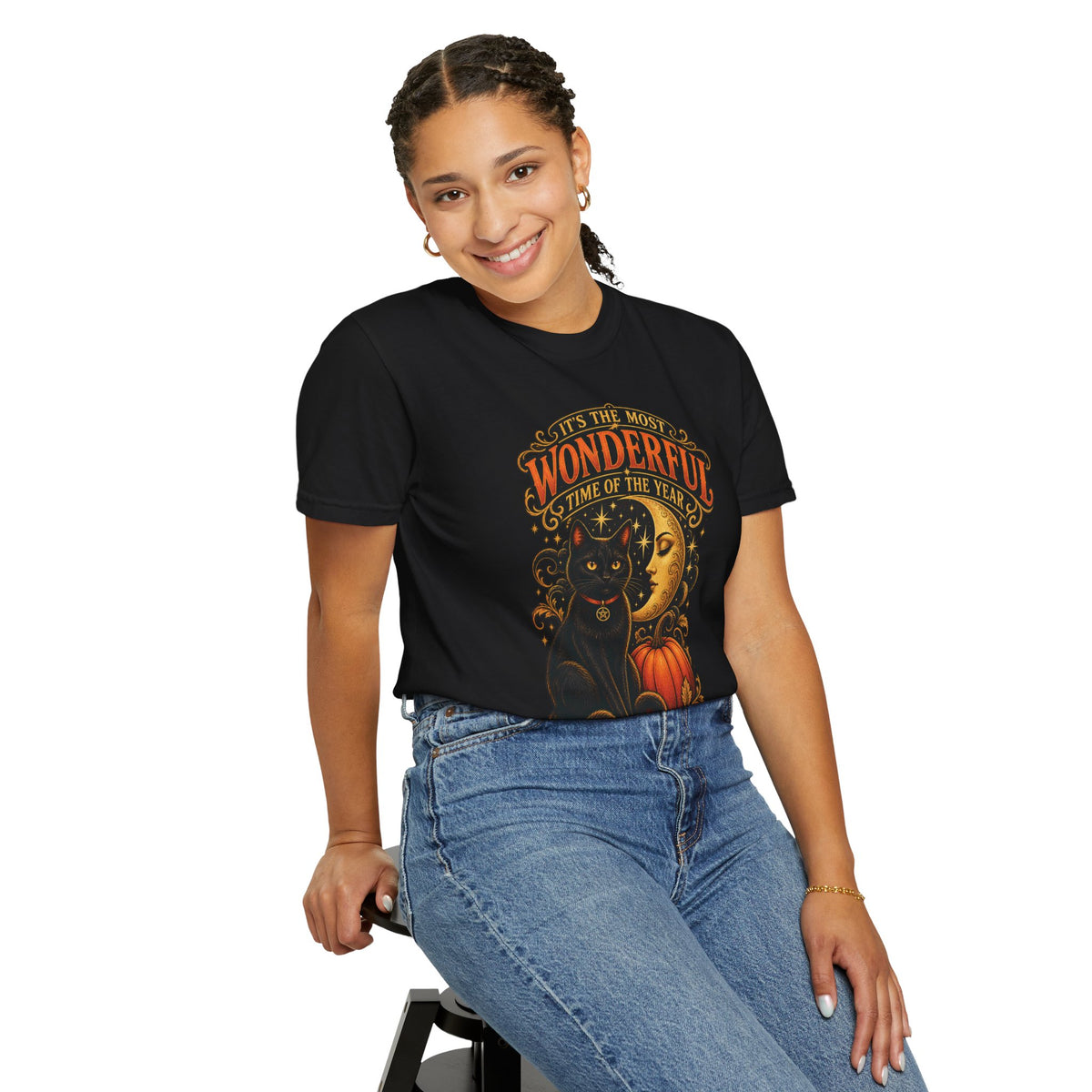 T-Shirt — "It's the Most Wonderful Time of the Year" Halloween Black Cat & Pumpkin