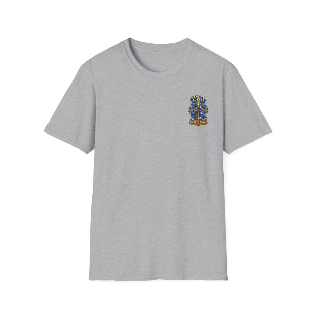 T-Shirt — "Thank You God I Keep Going" Faith Graphic Pocket Tee