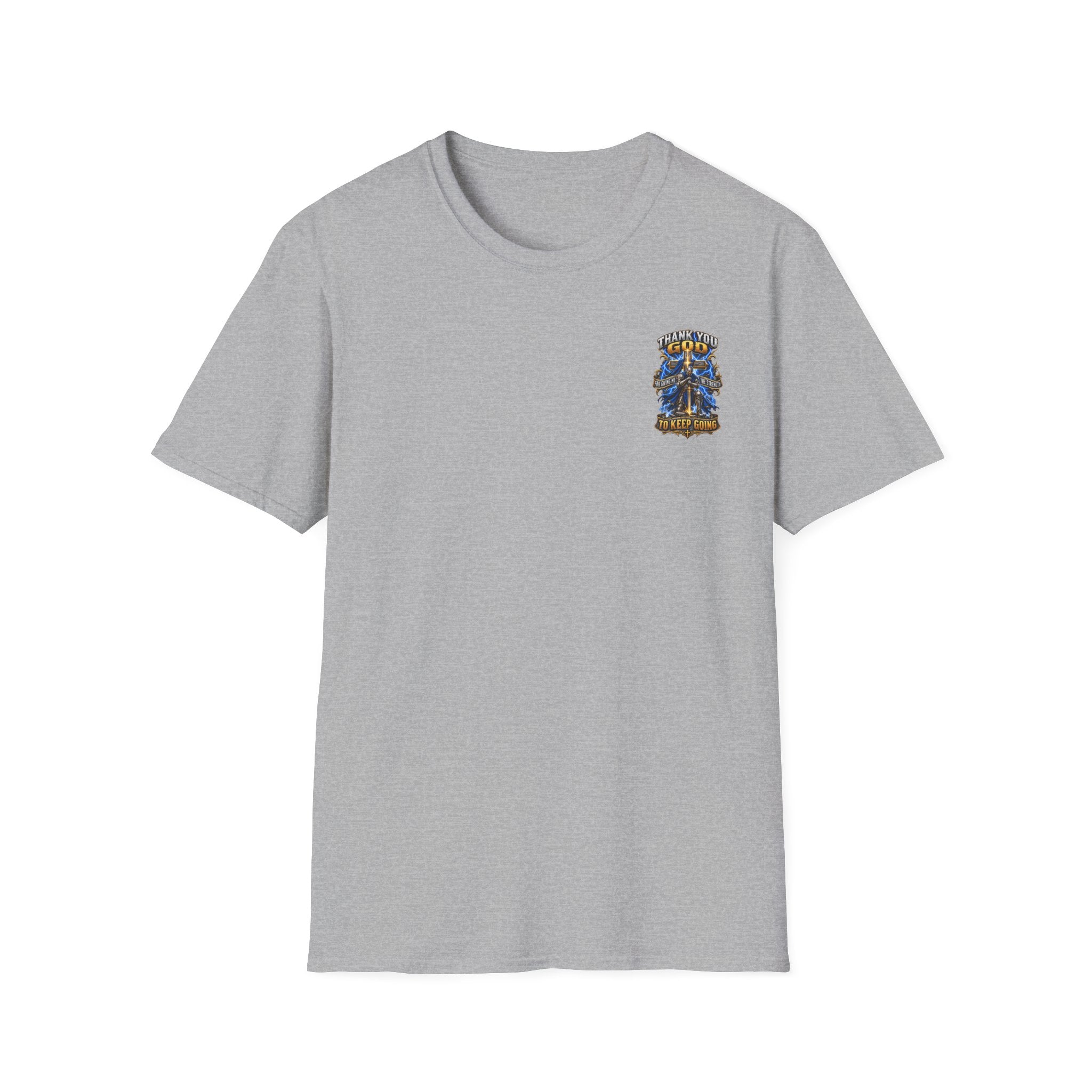 T-Shirt — "Thank You God I Keep Going" Faith Graphic Pocket Tee
