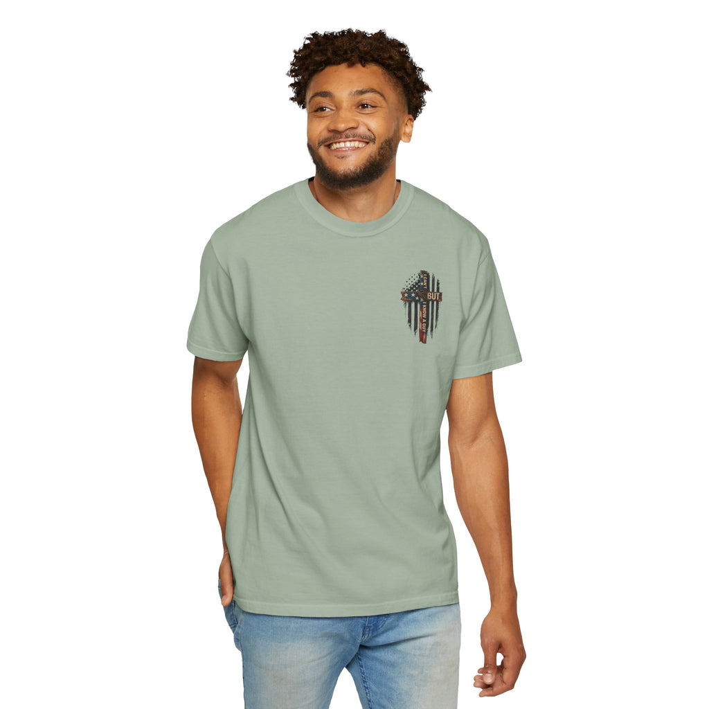 T-Shirt — 'I Can't But I Know A Guy' American Flag Cross Graphic