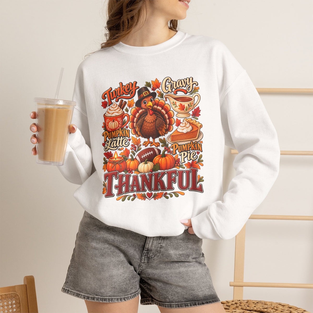 Thankful Thanksgiving Sweatshirt — Cute Turkey & Fall Harvest Crewneck
