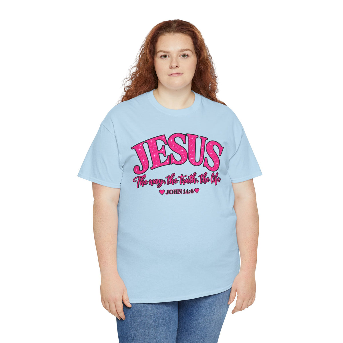 Christian T-Shirt — "JESUS The way, the truth, the life" (John 14:6) Pink Vintage Script