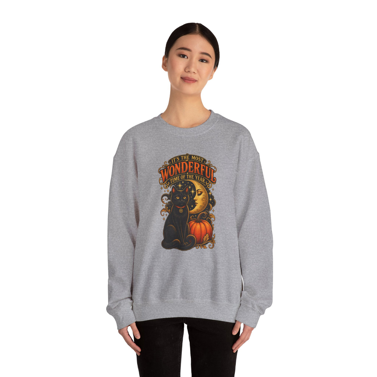 Vintage Halloween Sweatshirt - "It's the Most Wonderful Time of the Year" Black Cat & Moon Design