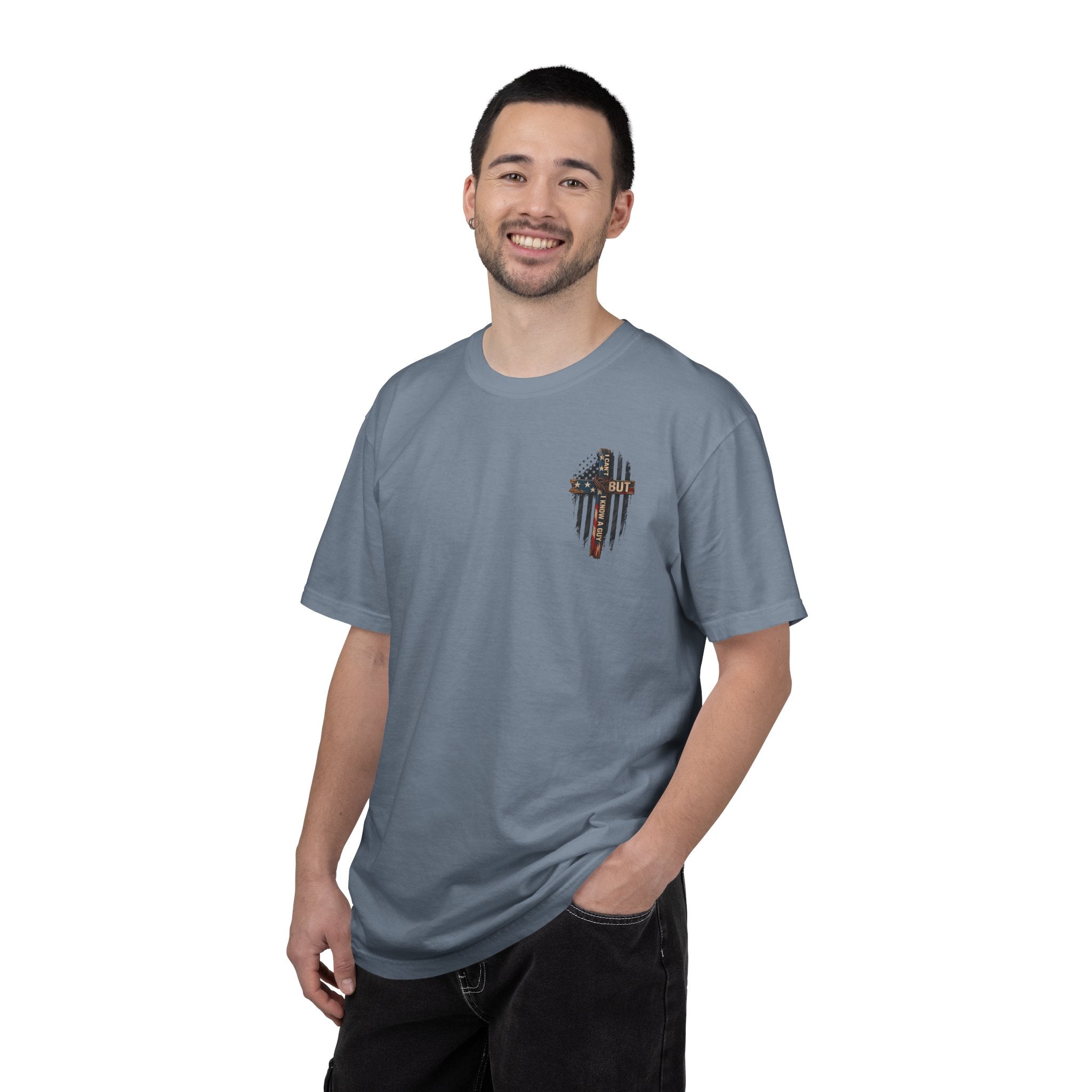 T-Shirt — 'I Can't But I Know A Guy' American Flag Cross Graphic