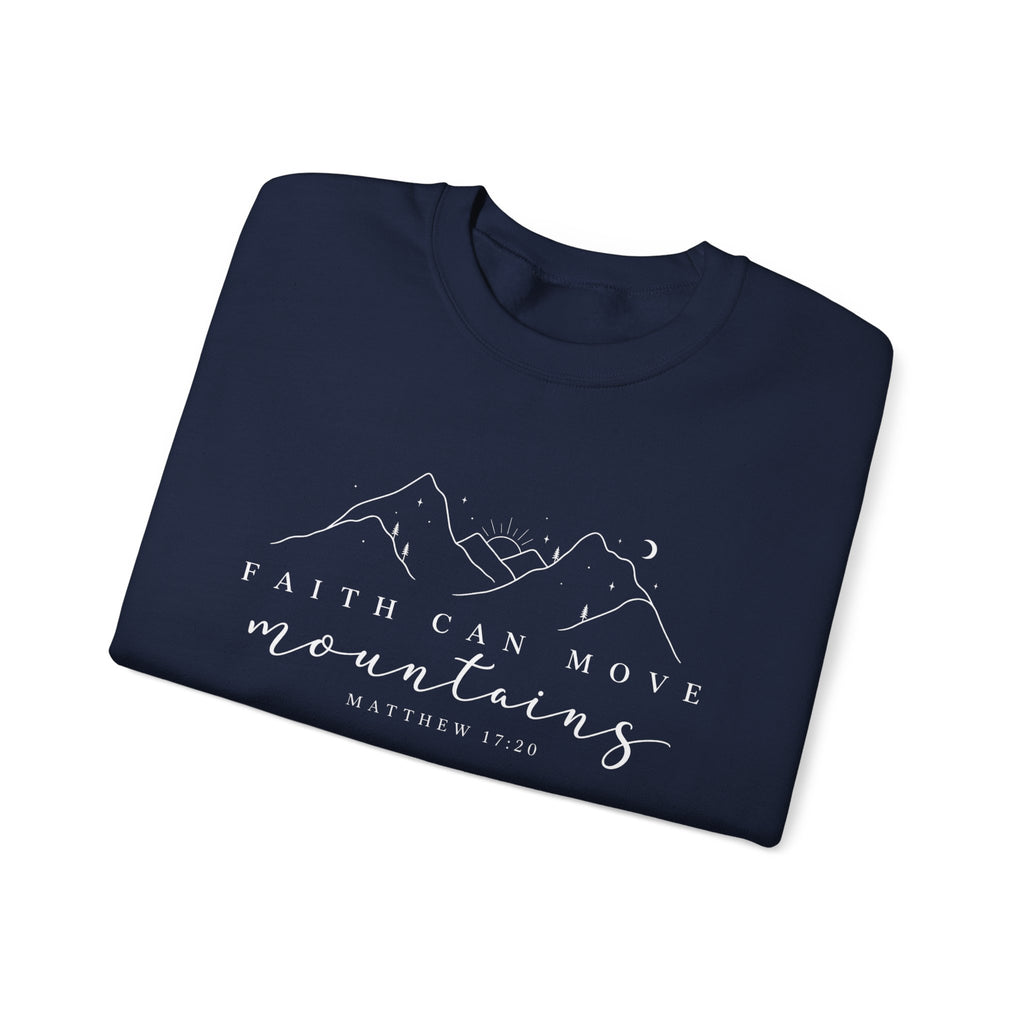 Faith Can Move Mountains Crewneck Sweatshirt — Matthew 17:20 Christian Mountain Design