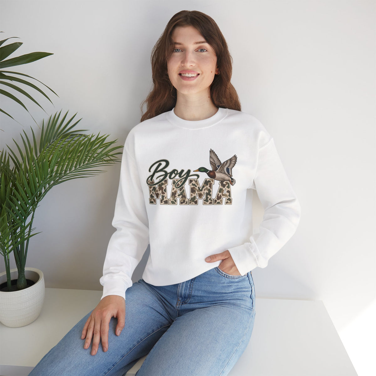 Boy Mama Crewneck Sweatshirt — Camo Lettering with Flying Duck