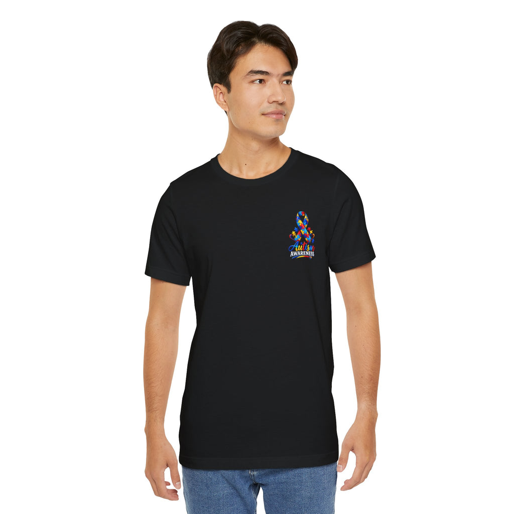 Autism Awareness Ribbon Chest Tee — 'Different, Not Less' Short Sleeve T-Shirt