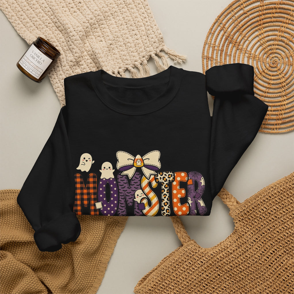 Momster Halloween Sweater | Momster Crewneck Sweatshirt, Halloween mom, purple orange spooky lettering