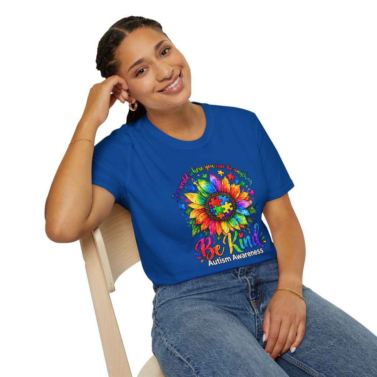 Autism Awareness Sunflower T-Shirt — 'Be Kind' Rainbow Puzzle Design