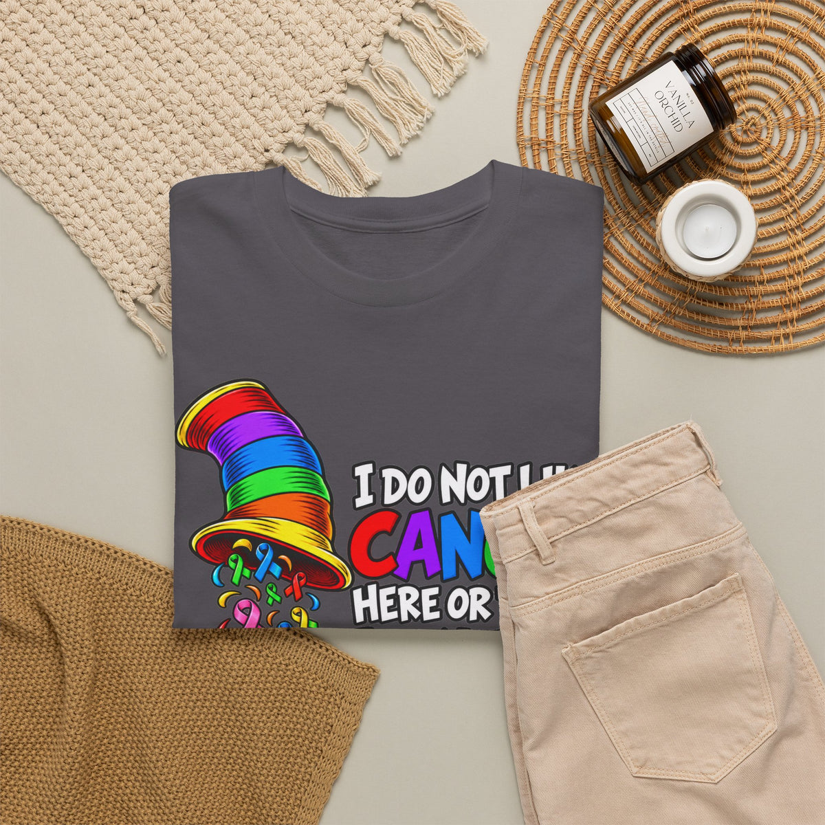 Cancer Awareness T-Shirt — “I Do Not Like Cancer Here or There” Rainbow Ribbon Tee
