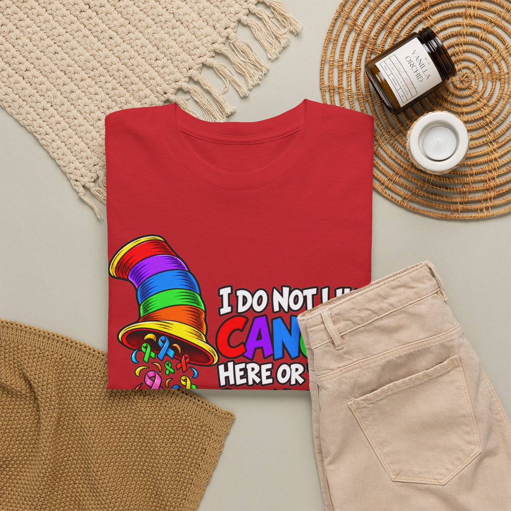 Cancer Awareness T-Shirt — “I Do Not Like Cancer Here or There” Rainbow Ribbon Tee